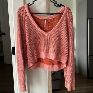 Free People Pink V-Neck Chunky Knit Sweater